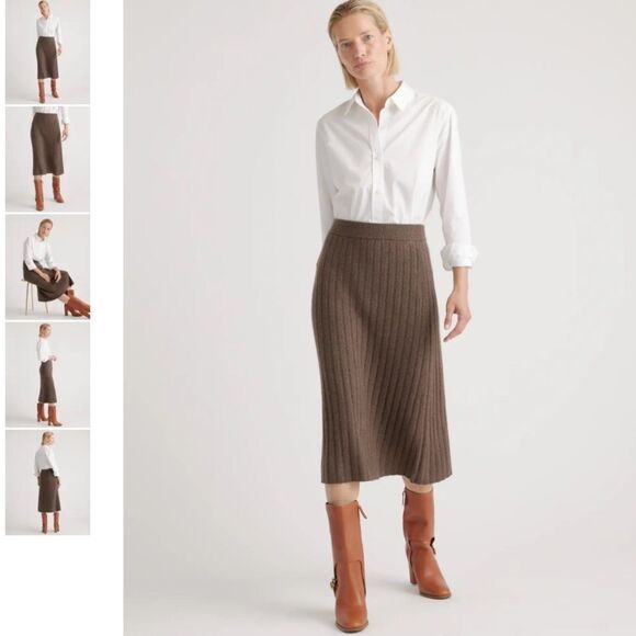 Quince 100% Cashmere Mongolian Cashmere Midi Skirt Brown Ribbed Soft Skirt - Picture 1 of 5